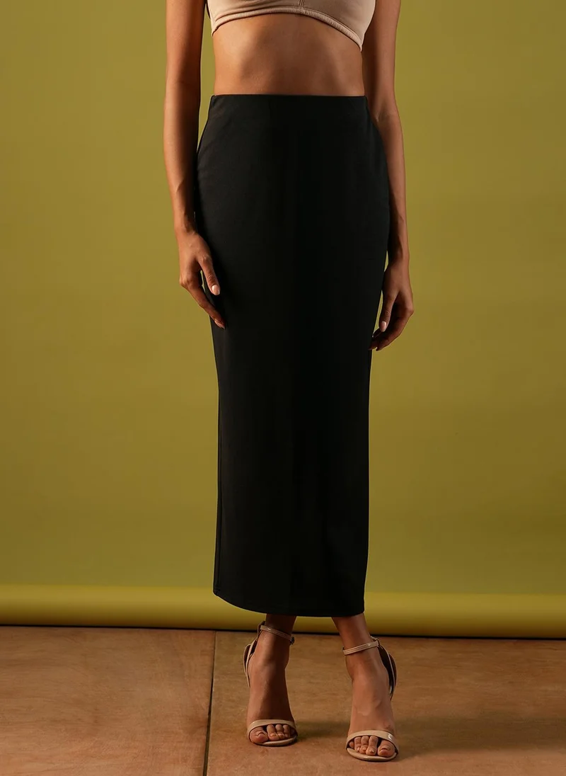 globus Globus Women Self Design Stretchable High-Rise Back Slit Midi Workwear Pencil Skirt